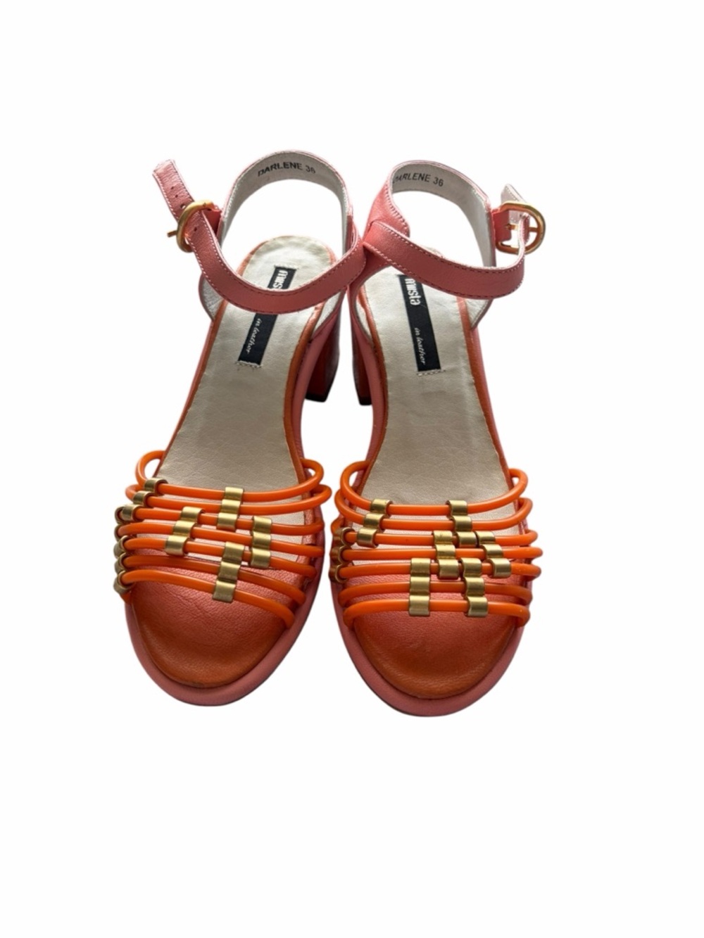 Miista Orange Strappy Block Heel Sandals with Gold Accents